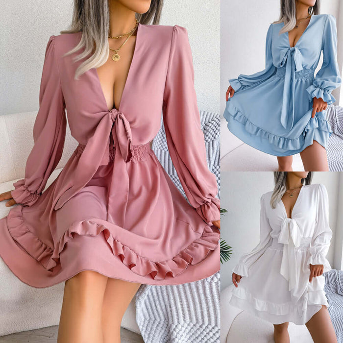 Summer Dresses Solid Color V-Neck Long Sleeve Dress factory manufacturing measurement breakdown layout overview.