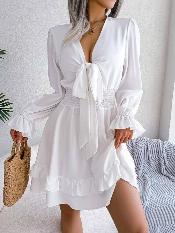 Summer Dresses Solid Color V-Neck Long Sleeve Dress elegant solid white edition hanging beautifully for casual resort styling.