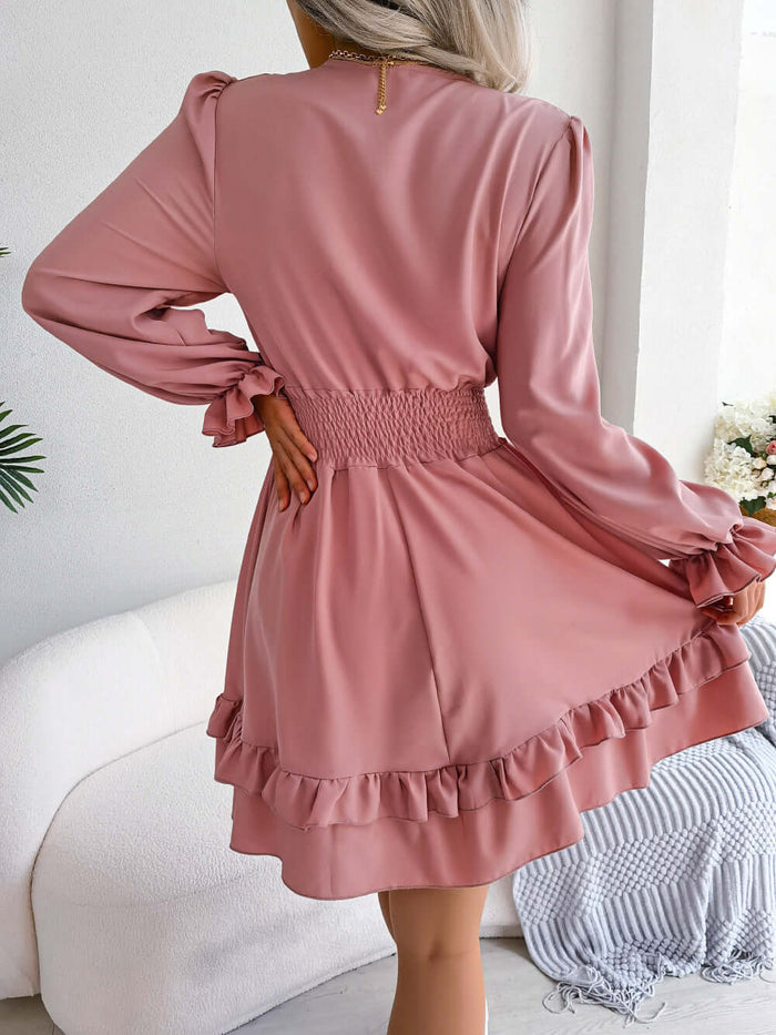 Summer Dresses Solid Color V-Neck Long Sleeve Dress fitted casual long sleeve layout with durable cuff stitching lines.