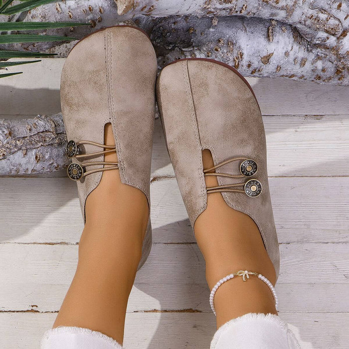 Summer Fashion Square Toe Slip-on Flat Sandals in beige with decorative buttons