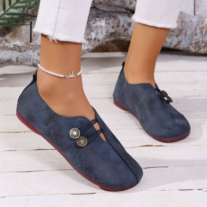 Summer Fashion Square Toe Slip-on Flat Sandals in navy blue with decorative buttons on the side.