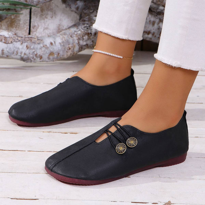 Summer Fashion Square Toe Slip-on Flat Sandals in black with decorative buttons, stylish and comfortable footwear.
