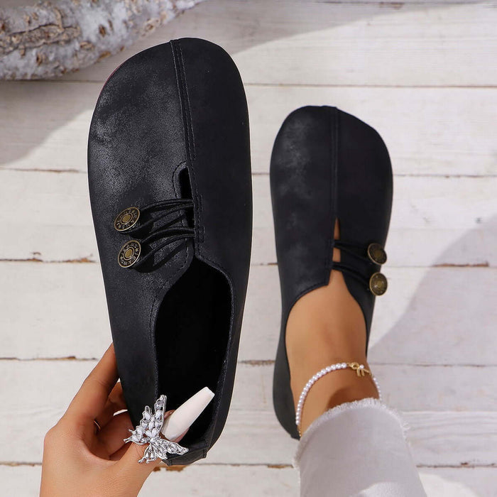 Summer Fashion Square Toe Slip-on Flat Sandals in black with decorative buttons and stylish design.