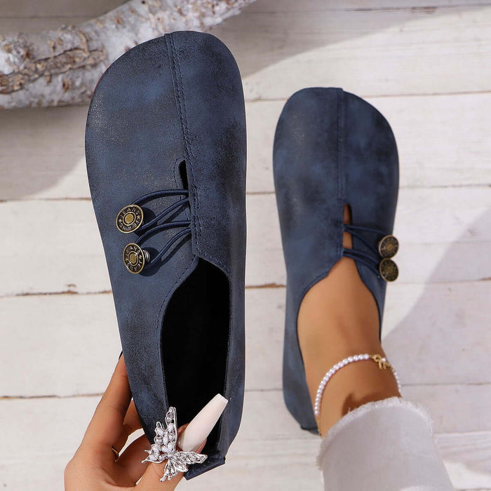 Summer Fashion Square Toe Slip-on Flat Sandals in dark blue with decorative buttons and elegant design.