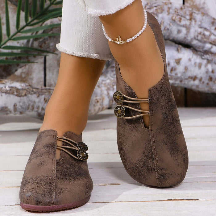 Summer Fashion Square Toe Slip-on Flat Sandals in brown, showcasing a stylish design with decorative buttons.