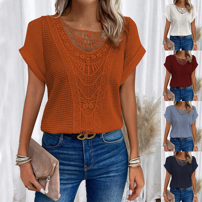 Summer Hollow Out Short Sleeved T Shirt Fashion Ethnic Style Breathable Comfort