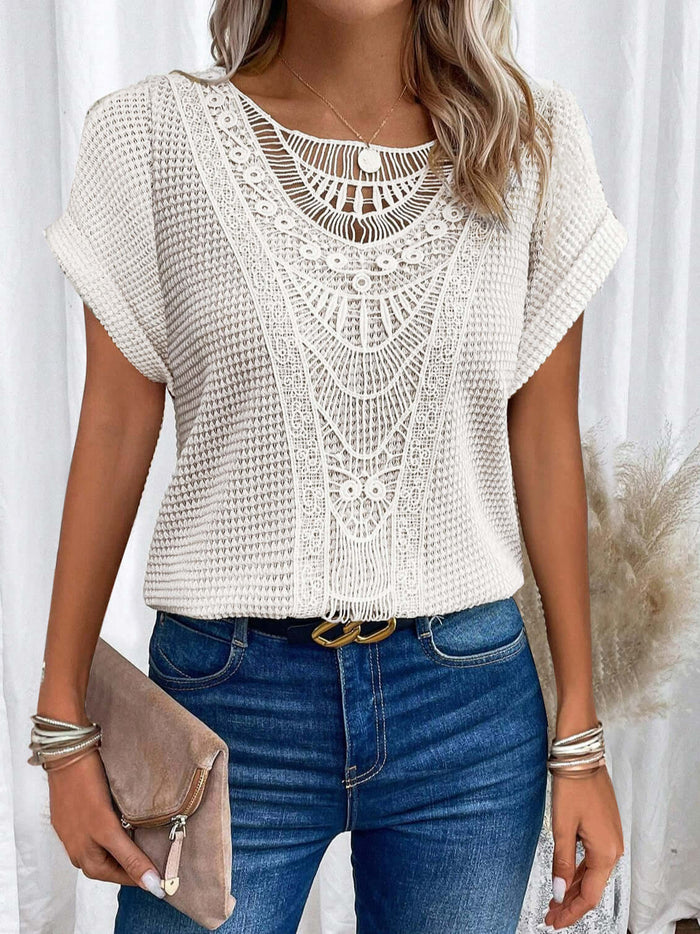 Summer Hollow Out Short Sleeved T Shirt Fashion Ethnic Style Casual Everyday Wear