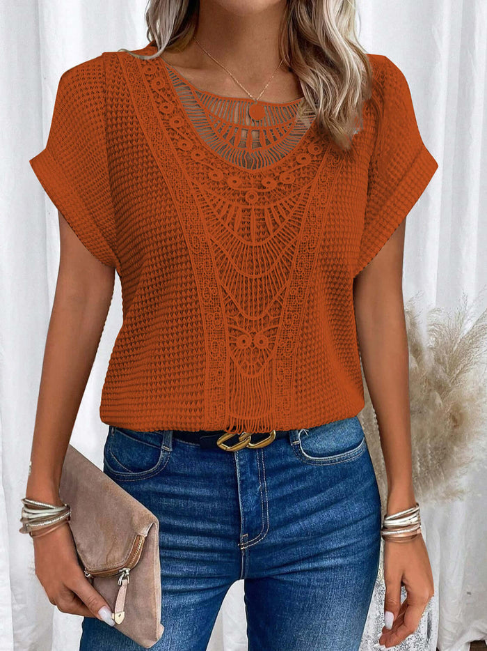 Summer Hollow Out Short Sleeved T Shirt Fashion Ethnic Style Elegant Hollow Out Design