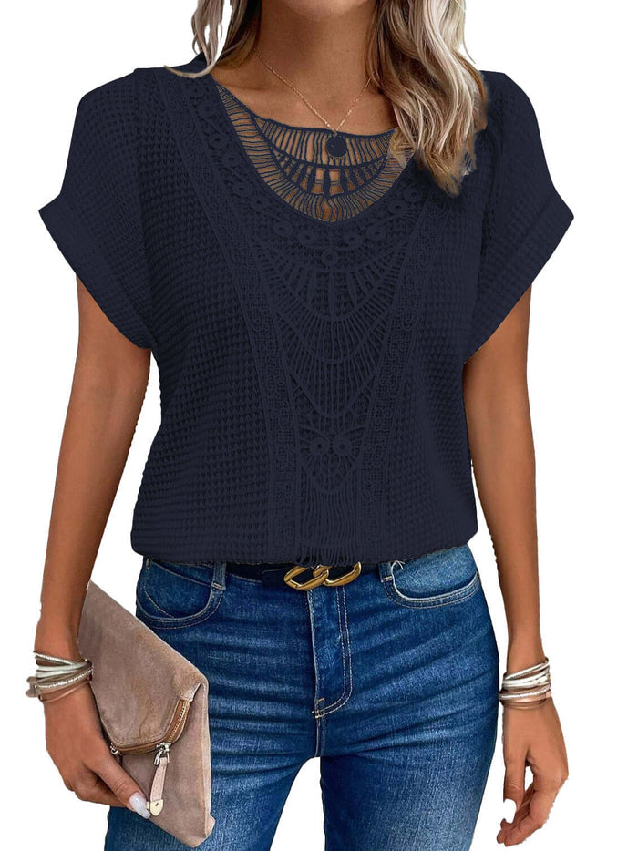 Summer Hollow Out Short Sleeved T Shirt Fashion Ethnic Style Soft Comfortable Fit