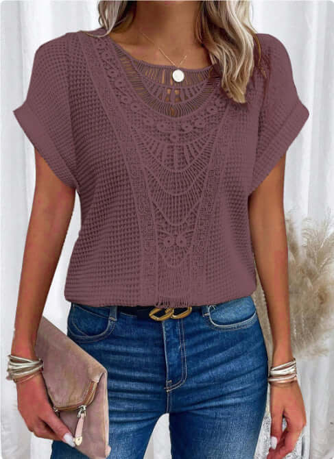 Summer Hollow Out Short Sleeved T Shirt Fashion Ethnic Style Relaxed Casual Style