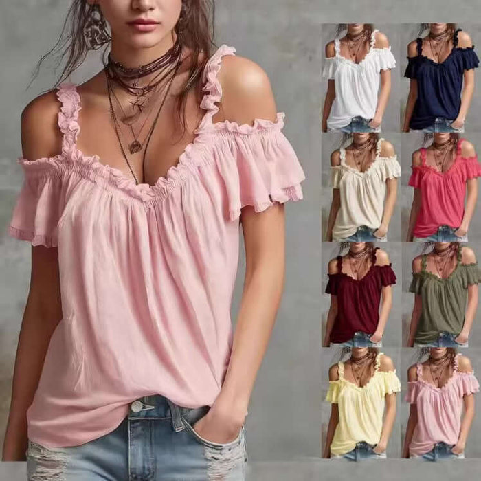 Summer Off-Shoulder Blouse Top Ruffled Short Sleeve Shirt professional flat measurement overview schematic.