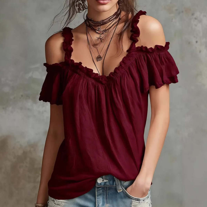 Summer Off-Shoulder Blouse Top Ruffled Short Sleeve Shirt rich wine red color variation emphasizing sleek western tailoring.