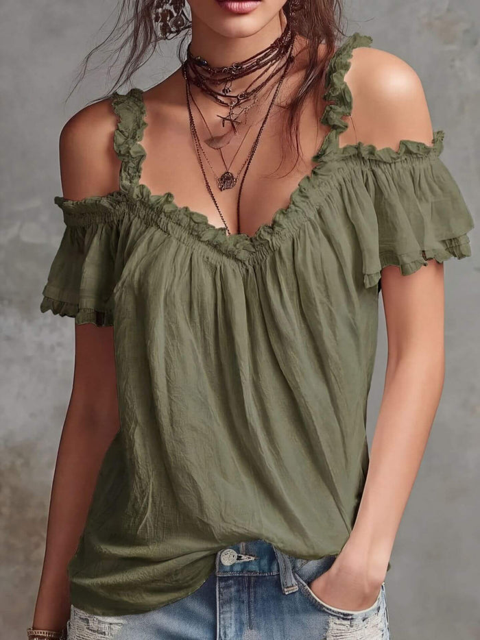 Summer Off-Shoulder Blouse Top Ruffled Short Sleeve Shirt earthy khaki palette looking clean and sophisticated for streetwear.