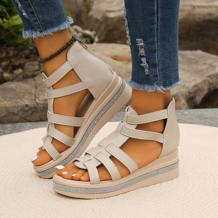 Summer Rhinestone Sandals With Back Zipper featuring stylish design and comfortable wedge heel.