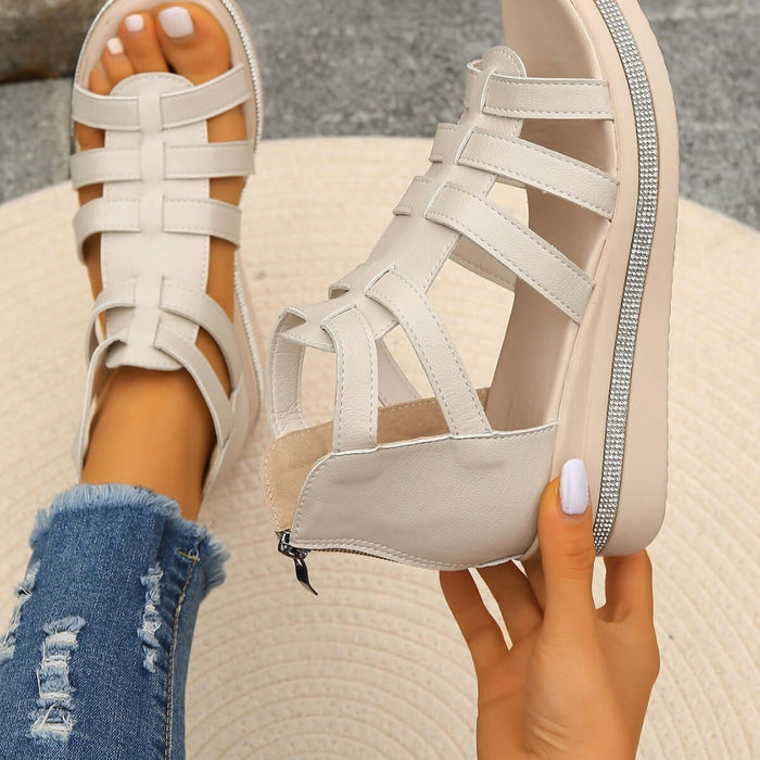 Summer Rhinestone Sandals With Back Zipper in light beige color, showcasing stylish strappy design and back zipper detail.