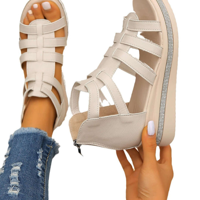 Summer Rhinestone Sandals With Back Zipper shown on a model's feet, featuring a stylish open design and back zipper.