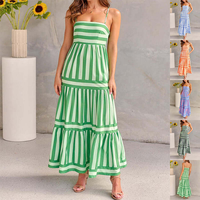 Summer Striped Suspender Long Beach Dress with Pockets in green and white stripes, elegant summer fashion.