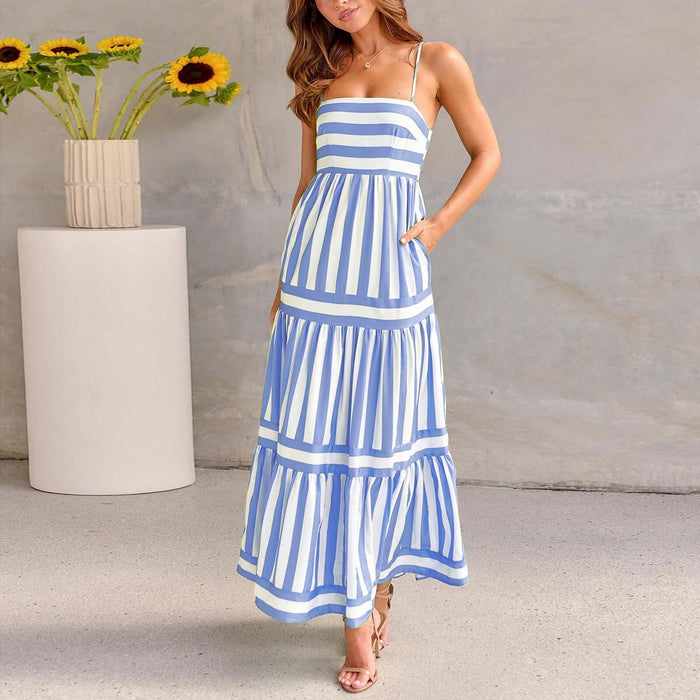 Summer Striped Suspender Long Beach Dress with Pockets in blue and white stripes, perfect for summer outings.