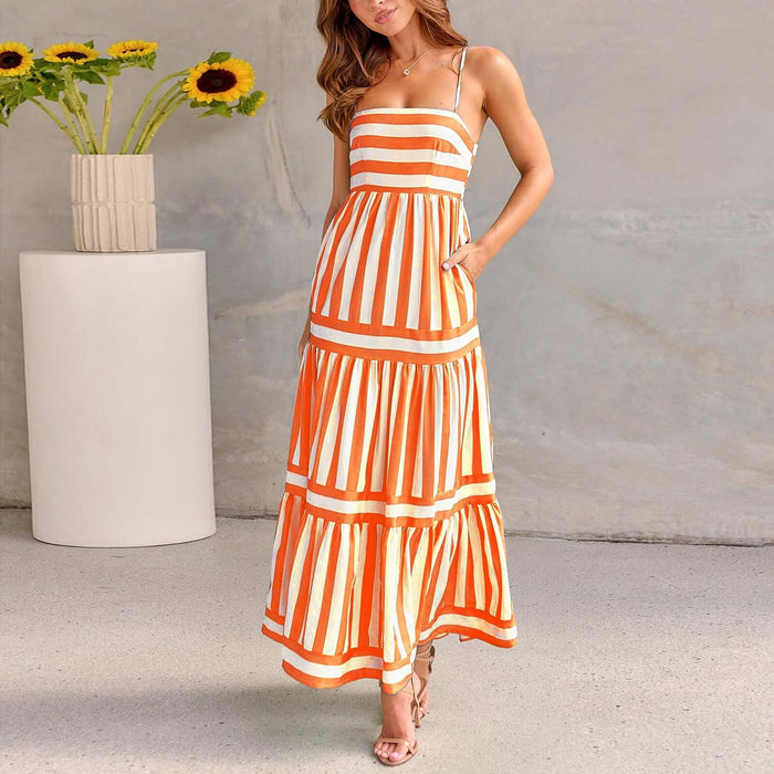 Summer Striped Suspender Long Beach Dress with Pockets, featuring orange and white stripes with pockets, perfect for summer outings.