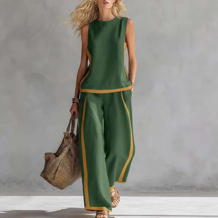 Summer Suits Sleeveless Vest And Wide Leg Pants Set in green with yellow trim, worn by a model carrying a bag.