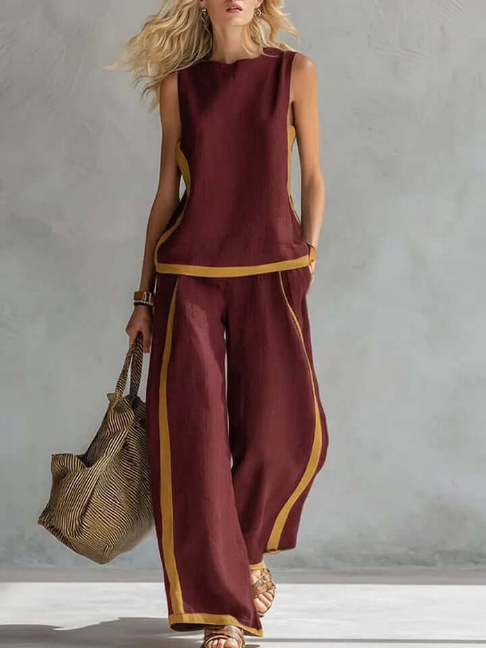 Summer Suits Sleeveless Vest And Wide Leg Pants Set in burgundy with yellow accents, perfect for warm weather styling.