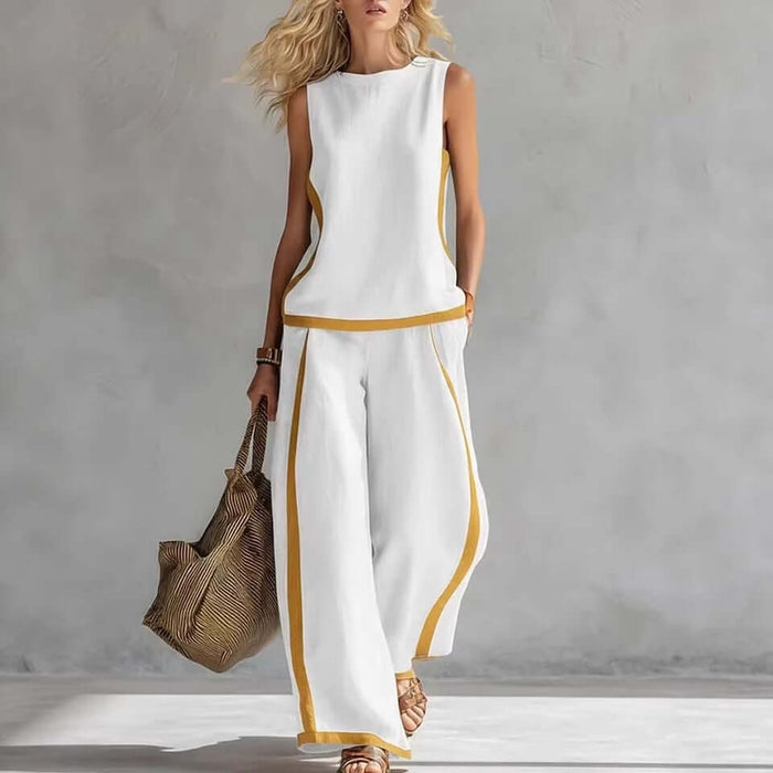 Summer Suits Sleeveless Vest And Wide Leg Pants Set worn by a model, featuring a stylish white and yellow color scheme.