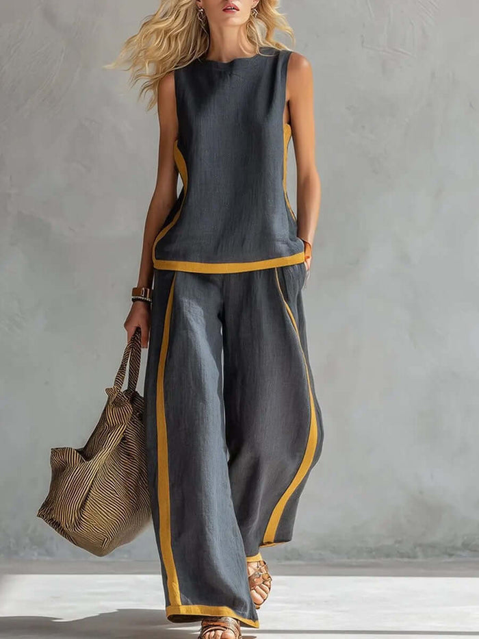 Summer Suits Sleeveless Vest And Wide Leg Pants Set showcased in stylish gray and yellow design.