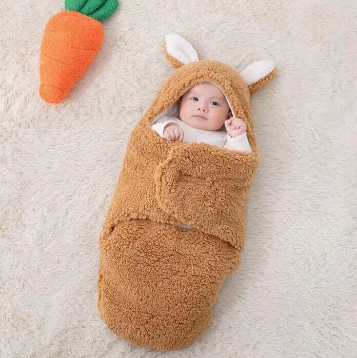 Super Soft Baby Sleeping Bag Fluffy Fleece Swaddle protective contoured head support pillow cushioning close-up layout.