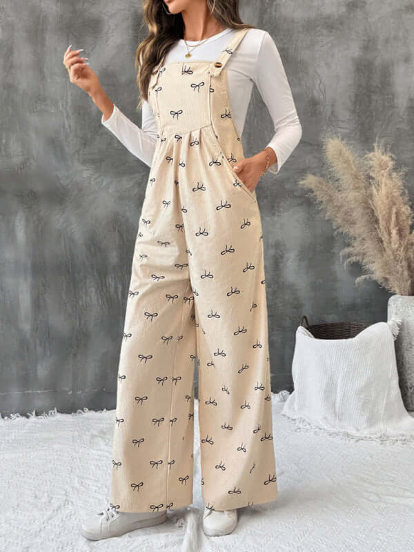 Sweet Style Bow Corduroy Jumpsuit Leisure Suspender bow tie shoulder detail