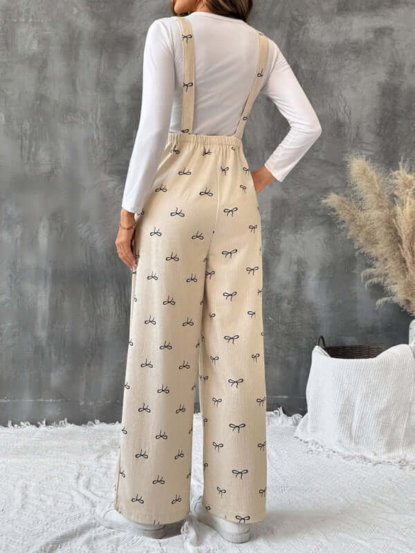 Sweet Style Bow Corduroy Jumpsuit Leisure Suspender woven corduroy texture