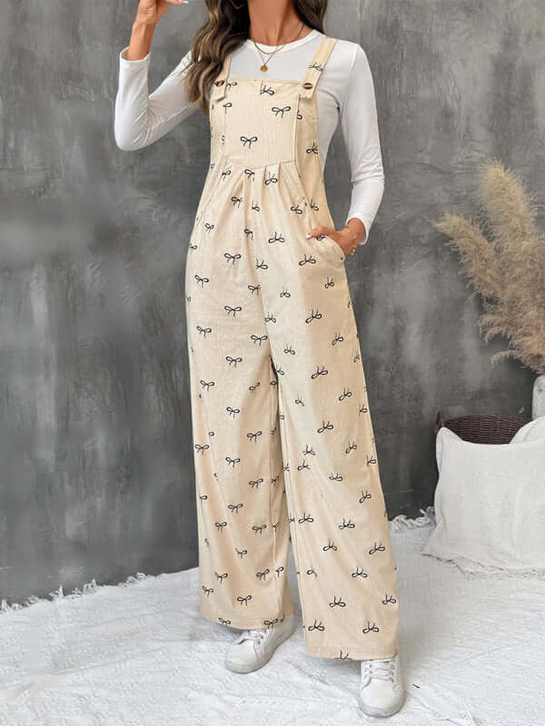 Sweet Style Bow Corduroy Jumpsuit Leisure Suspender slant pocket close up