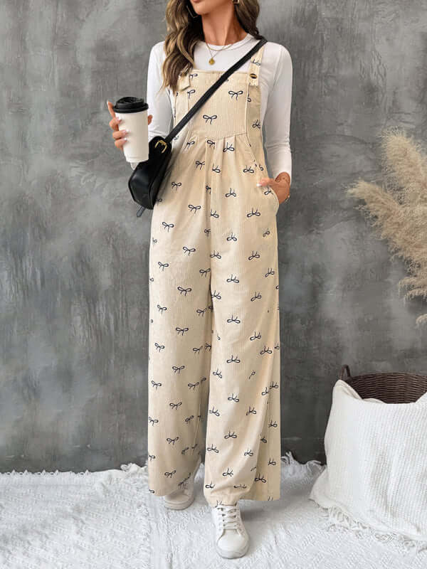 Sweet Style Bow Corduroy Jumpsuit Leisure Suspender H type clothing silhouette