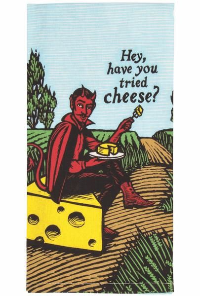 Devil tempting with cheese tea towel