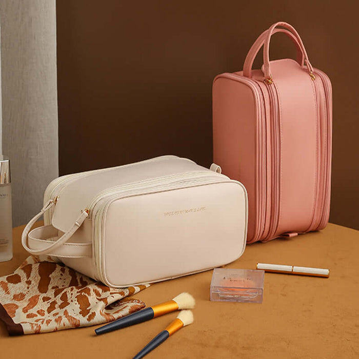 Three-layer Double Zipper U-shaped Design Cosmetic Bag premium white PU leather.