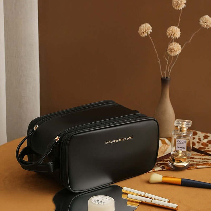 Three-layer Double Zipper U-shaped Design Cosmetic Bag classic black makeup bag.