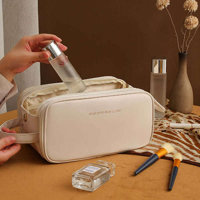 Three-layer Double Zipper U-shaped Design Cosmetic Bag stylish pink storage case.