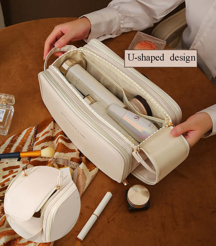 Three-layer Double Zipper U-shaped Design Cosmetic Bag elegant brown skin care bag.