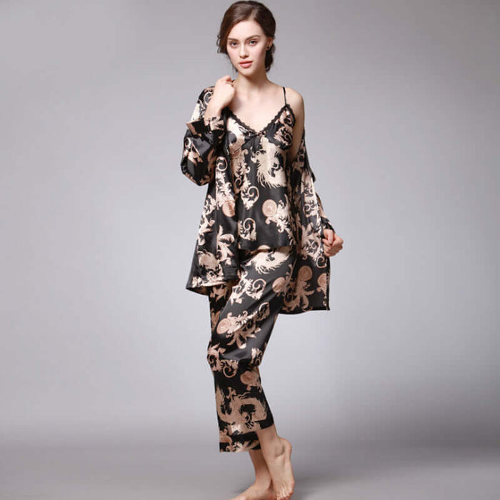 Three-piece silk pajamas for women V-neck Set wine red luxury.