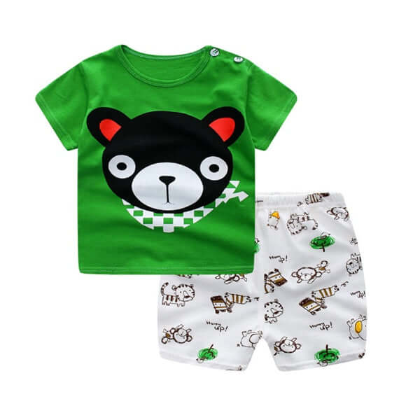 Toddler Cartoon Cotton T-Shirt and Shorts Summer Set flexible stretchy round neck ribbing view illustrating non-choke design