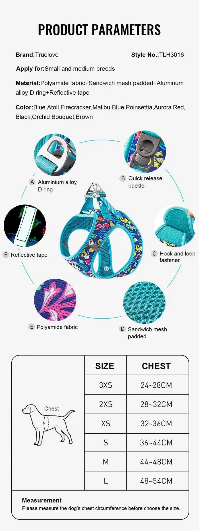 True Love Floral Print Mesh Dog Harness TLH3016 - Aurora Red - Dog.Dog.Cat.