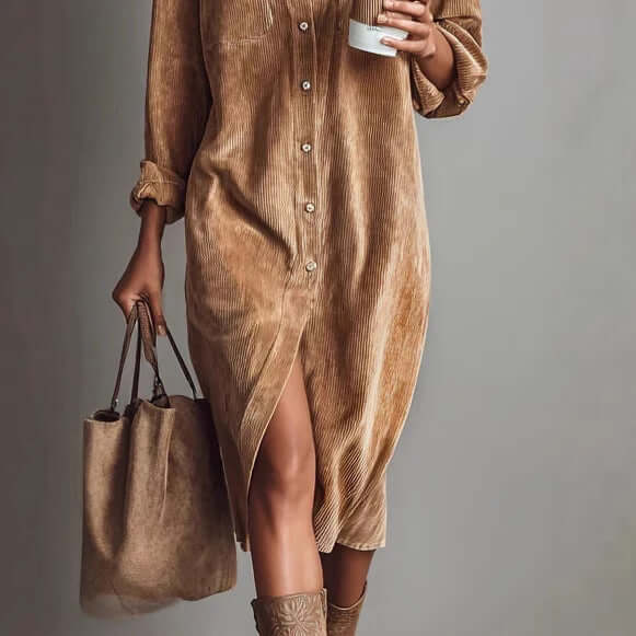 Turn Down Collar Buttons Dress polyester fabric material.