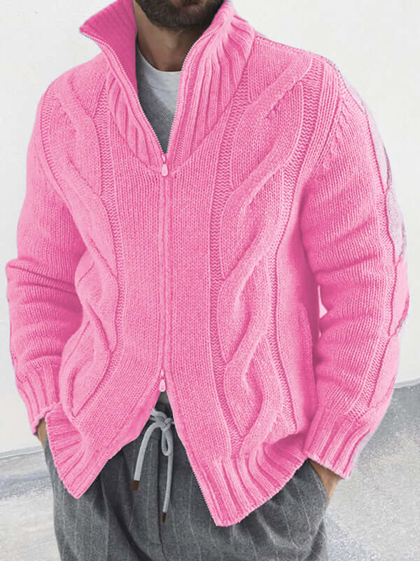 turtleneck cable zipper knitted cardigan jacket for men wear closeup