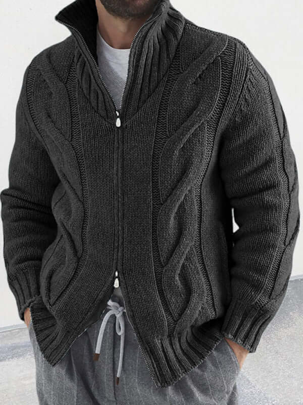 turtleneck cable zipper knitted cardigan jacket for men wear fabric detail