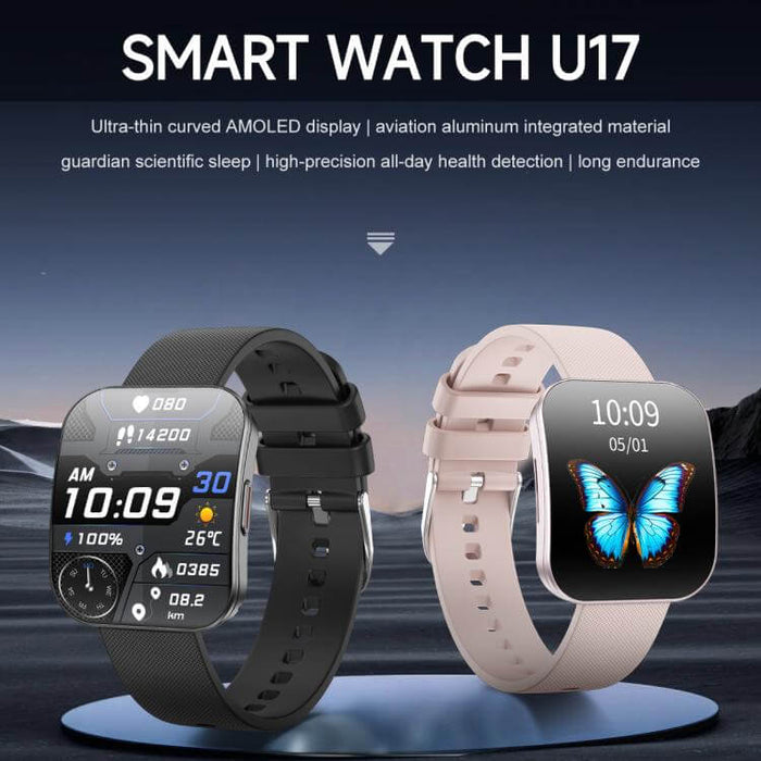 U17 Ultra Thin Curved Screen AMOLED Sports Smart Watch displaying two color options with health tracking features.