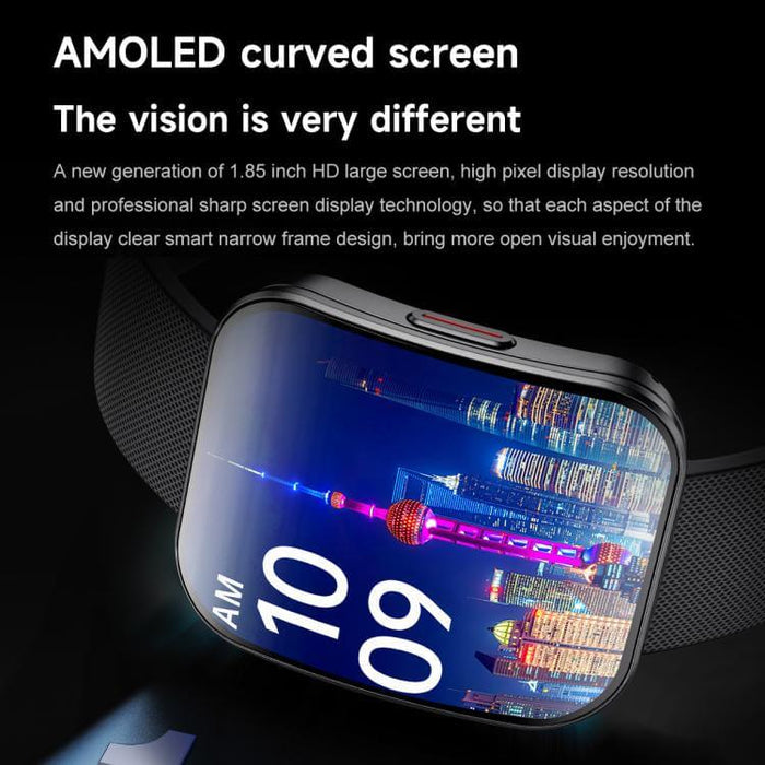 U17 Ultra Thin Curved Screen AMOLED Sports Smart Watch featuring a vibrant AMOLED curved display showing a city skyline at night.
