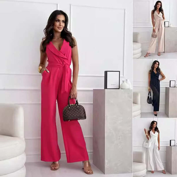 V-neck Sleeveless Jumpsuit with Belt Design White summer fashion