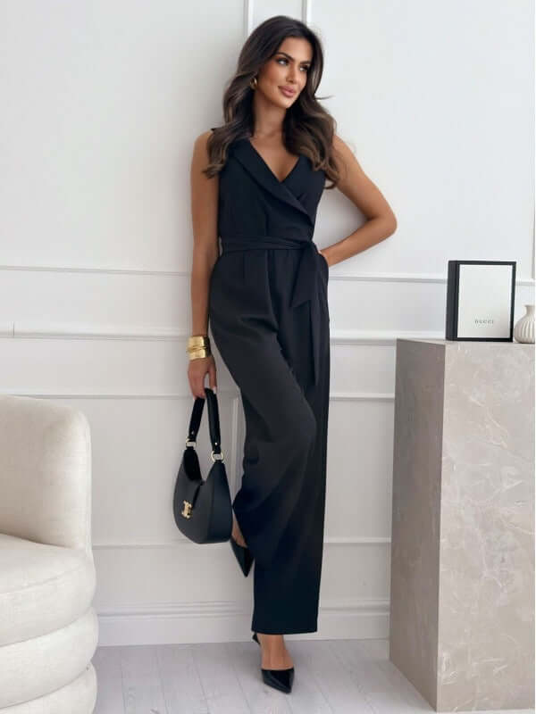 V-neck Sleeveless Jumpsuit with Belt Design Polyester Spandex fabric