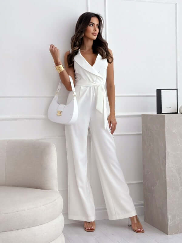 V-neck Sleeveless Jumpsuit with Belt Design size M waist 82cm