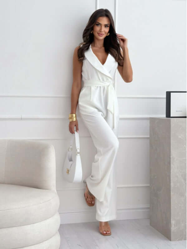 V-neck Sleeveless Jumpsuit with Belt Design size L length 152cm