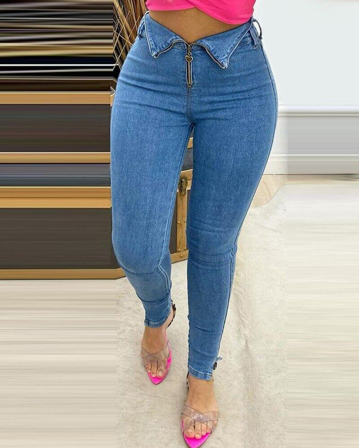 Versatile Casual Blue Pencil Jeans displayed smoothly to showcase the rich indigo denim color tone